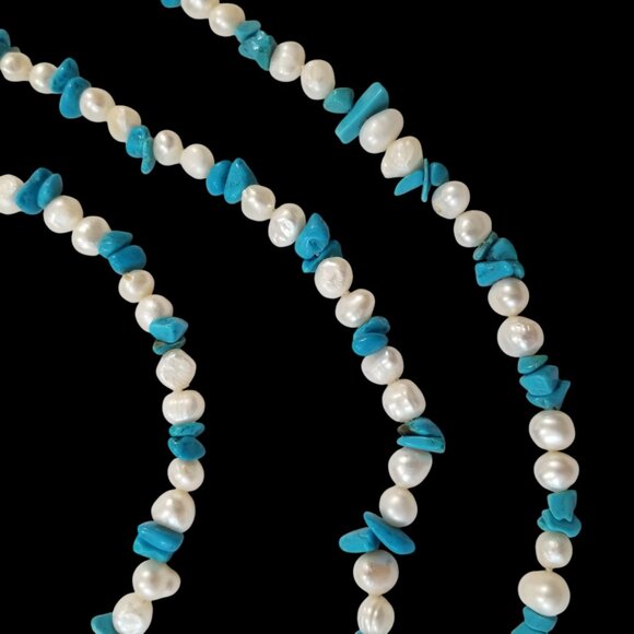 Pearls & Turquoise Rope Necklaces x 2 Freshwater Pearls & Turquoise Chips - Picture 3 of 15